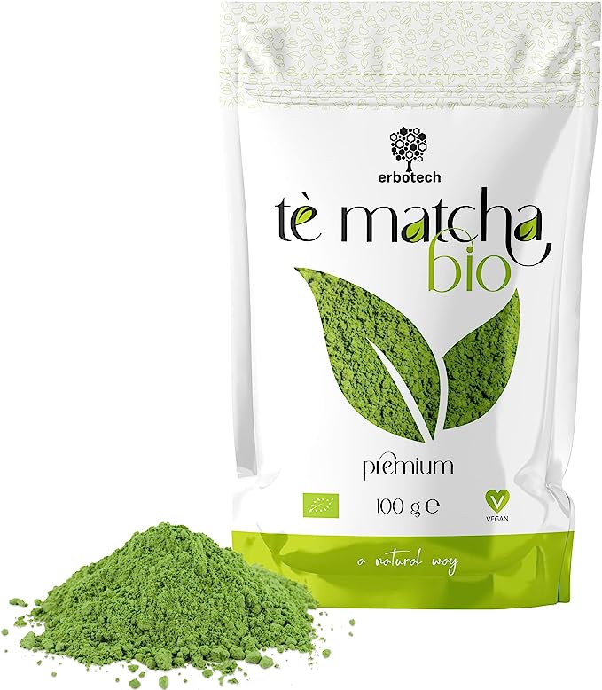 ERBOTECH Te Matcha BIO / Polvo de Té Verde Japonés Orgánico 100 g, Multivitamínico 100% Natural, Vegan. Ideal para Pasteles, Batidos, Thé Helado