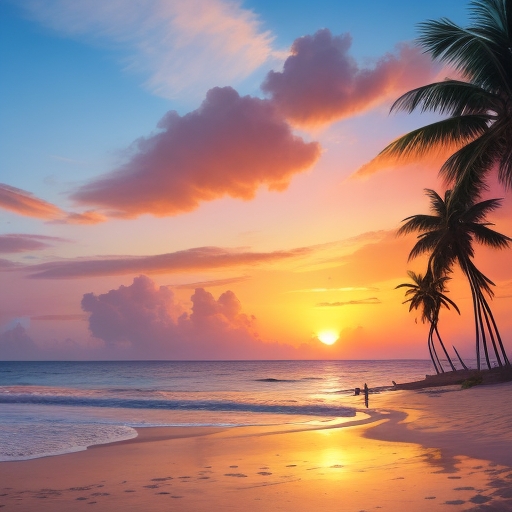 "Una cautivadora puesta de sol sobre la playa, mezclando naranjas, rosas y amarillos en el cielo. Las aguas cristalinas del mar acarician la orilla, junto a una vasta extensión de arena blanca.